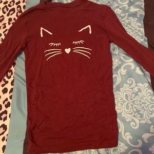 Maroon long sleeve shirt with cat face